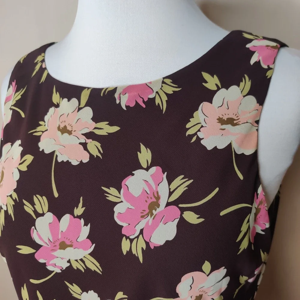 LOFT Floral‎ Dress Sleeveless Ruffled Hem Brown Pink